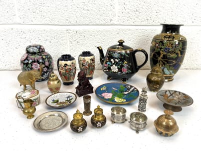 Collection of antique and vintage Asian art and pottery including vases, cloisonne pieces and silver