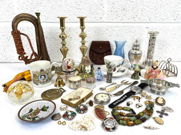 Collection of various antique items.