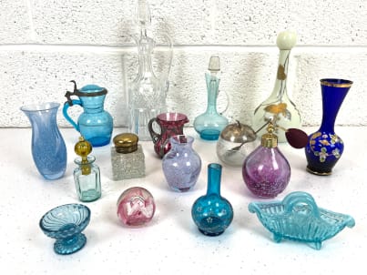 Selection of vintage and antique glass. Caithness, Victorian era and uranium glass in blue, pink, purple and yellow
