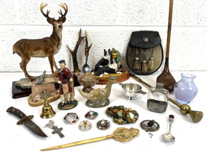 Vintage and antique scottish items like sporrans, antlers and thistle design pieces